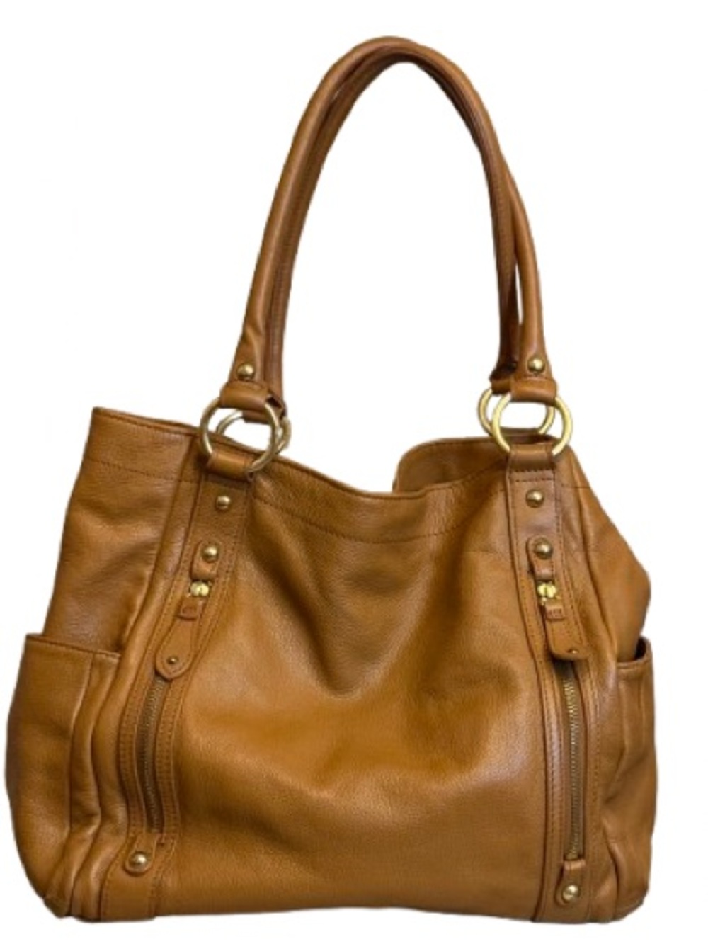 Mila Paoli Cognac Pebbled Leather Tote Bag Large Shoulder Purse Double Handle Ha